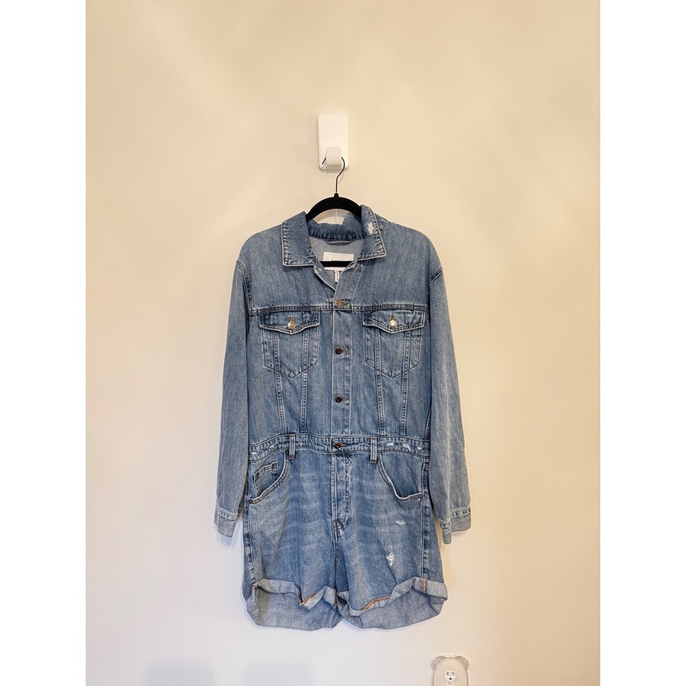 Pistola Denim Romper Medium Wash Blue Long Sleeve Distressed Utility Large - Picture 2 of 7